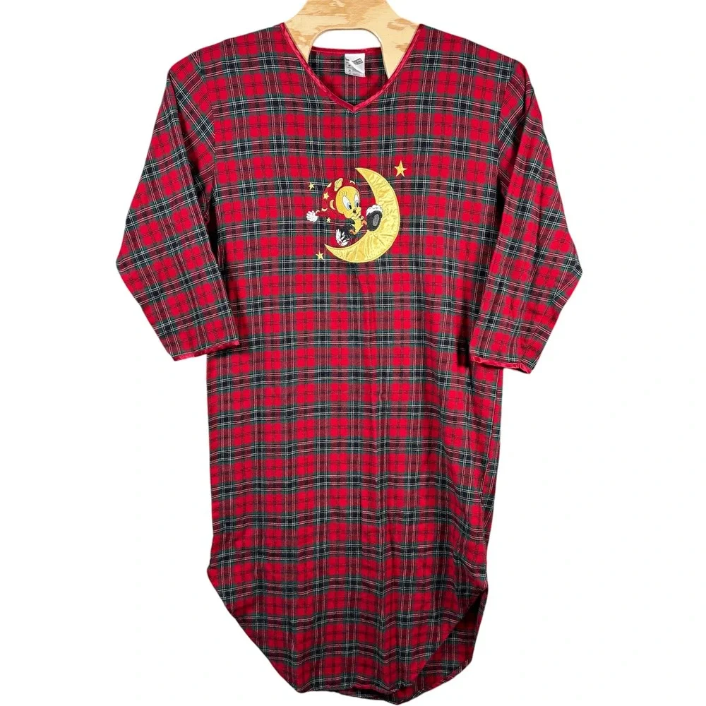 Warner Bros Tweety Bird Nightgown‎ Womens Medium Red Plaid Vintage 1999 Flannel